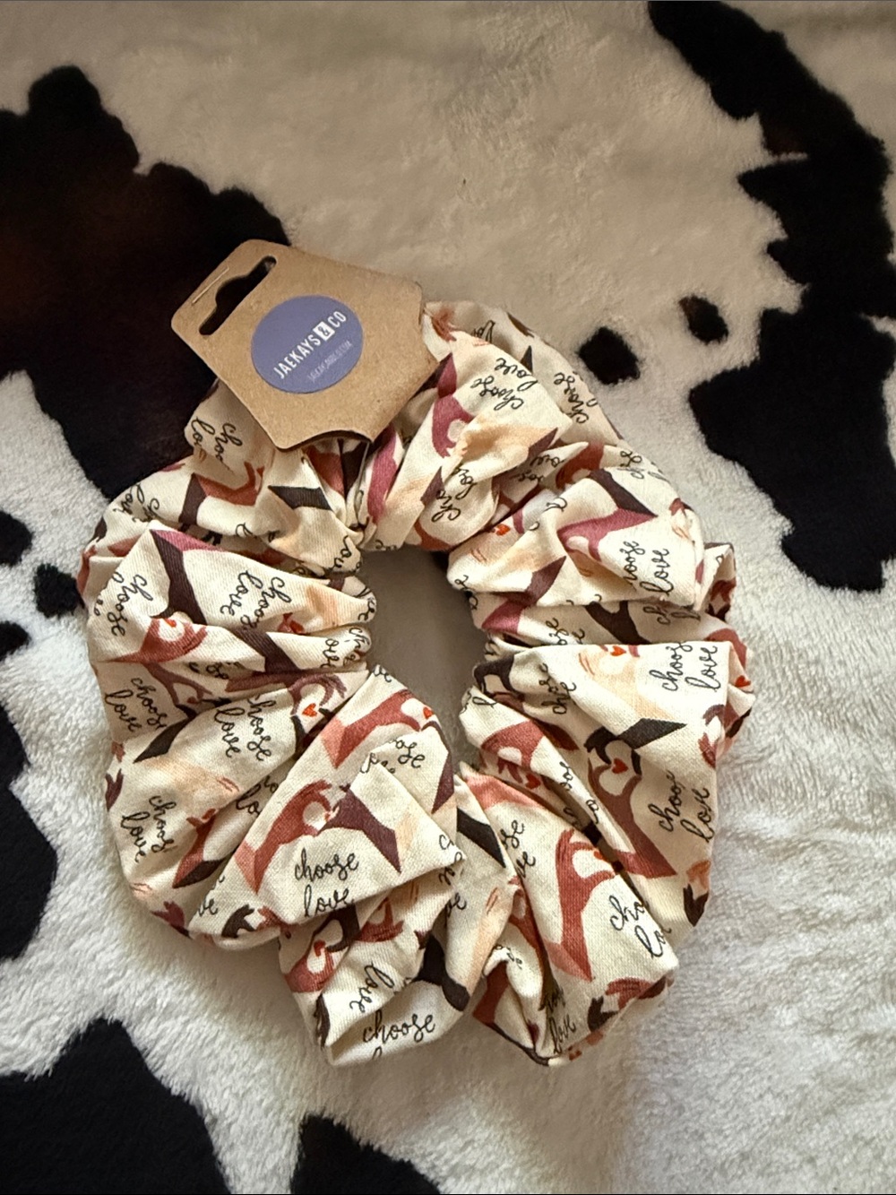 Jaxn & Co Oversized Printed Fabric Scrunchie - Cream with Rust & Brown Accents